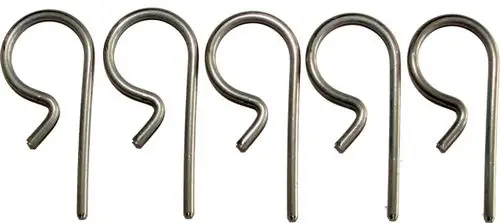 Fünf gebogene Metallstecker in Form eines Hakens, geeignet für Anwendungen von Wolf im Bereich der Befestigungstechnik.